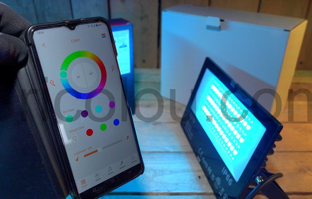 Projecteur Couleur Wash Flood LED RGB HEKEE 80W Bluetooth etanche application Projecteur Couleur Wash Flood LED RGB HEKEE 80W Bluetooth étanche application