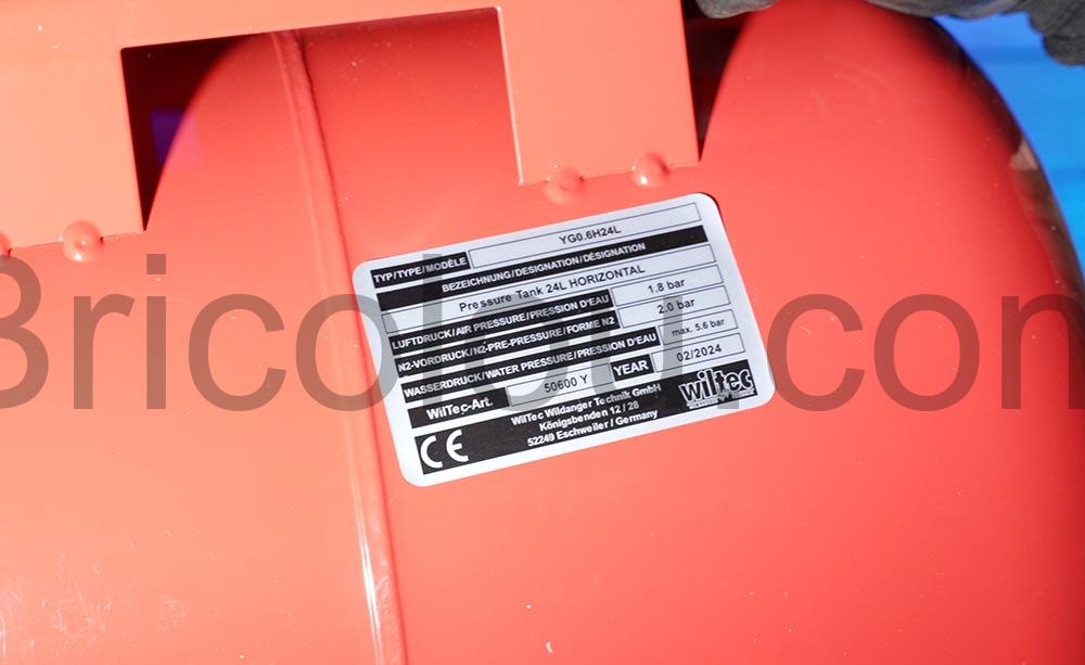 WilTec 24 Litres vase ballon dexpansion pour pompe specification WilTec 24 Litres vase ballon d'expansion pour pompe spécification