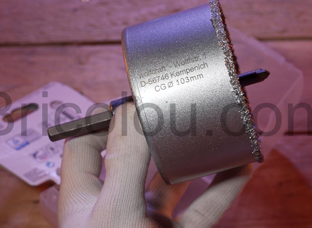 Wolfcraft cloche trepan decoupe carrelage diametre 103mm diamant 3899000 marquage Wolfcraft cloche trépan découpe carrelage diamètre 103mm diamant 3899000 marquage