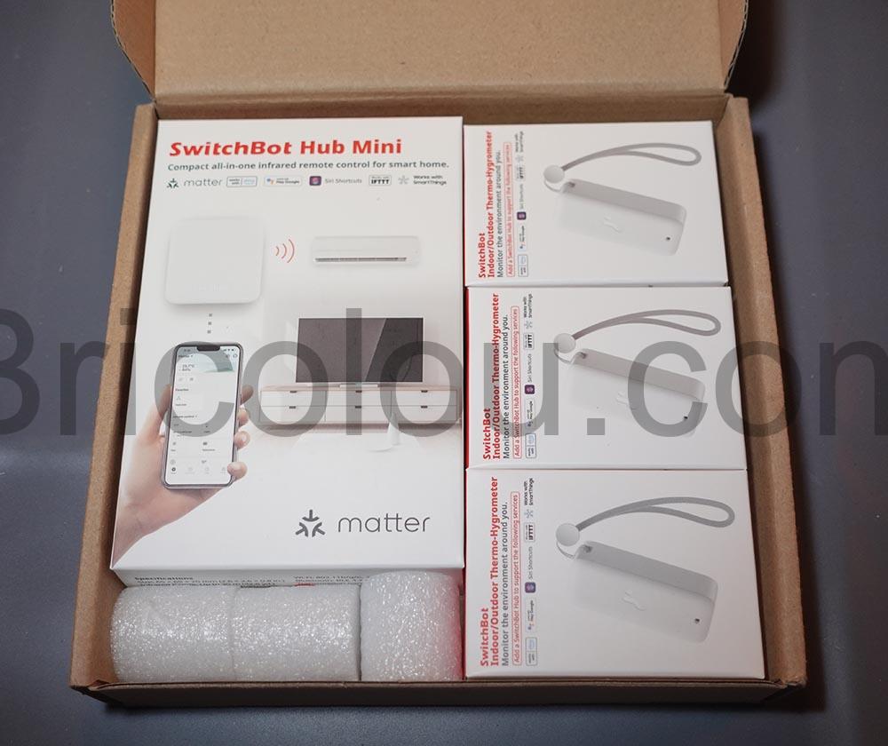 Kit 3 Thermometre hygrometre IP 65 et Hub Mini Matter Wi Fi SwitchBot boite Kit 3 Thermomètre-hygromètre IP 65 et Hub Mini Matter Wi-Fi SwitchBot boite